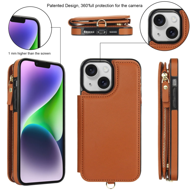 For iPhone 14 Plus Double Flap Zipper RFID Leather Phone Case with Short Lanyard(Brown) - iPhone 14 Plus Cases by buy2fix | Online Shopping UK | buy2fix