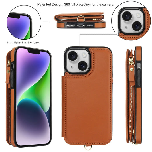 For iPhone 14 Plus Double Flap Zipper RFID Leather Phone Case with Short Lanyard(Brown) - iPhone 14 Plus Cases by buy2fix | Online Shopping UK | buy2fix