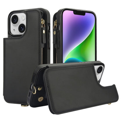 For iPhone 14 Double Flap Zipper RFID Leather Phone Case with Short Lanyard(Black) - iPhone 14 Cases by buy2fix | Online Shopping UK | buy2fix