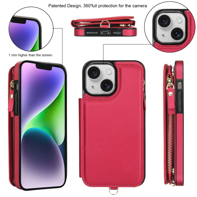For iPhone 14 Double Flap Zipper RFID Leather Phone Case with Short Lanyard(Red) - iPhone 14 Cases by buy2fix | Online Shopping UK | buy2fix