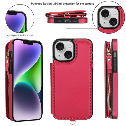 For iPhone 14 Double Flap Zipper RFID Leather Phone Case with Short Lanyard(Red) - iPhone 14 Cases by buy2fix | Online Shopping UK | buy2fix