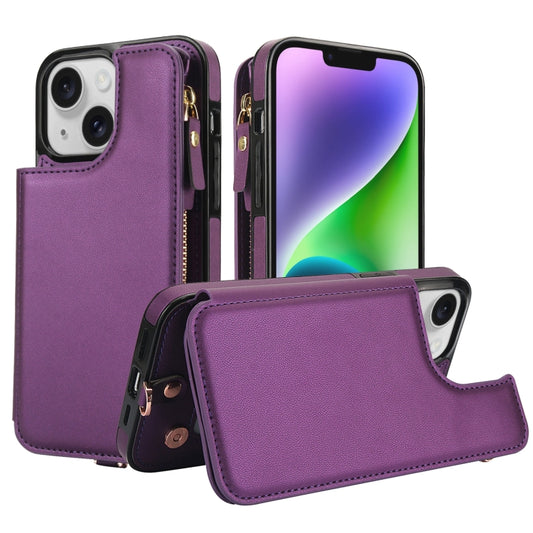 For iPhone 14 Double Flap Zipper RFID Leather Phone Case with Short Lanyard(Dark Purple) - iPhone 14 Cases by buy2fix | Online Shopping UK | buy2fix
