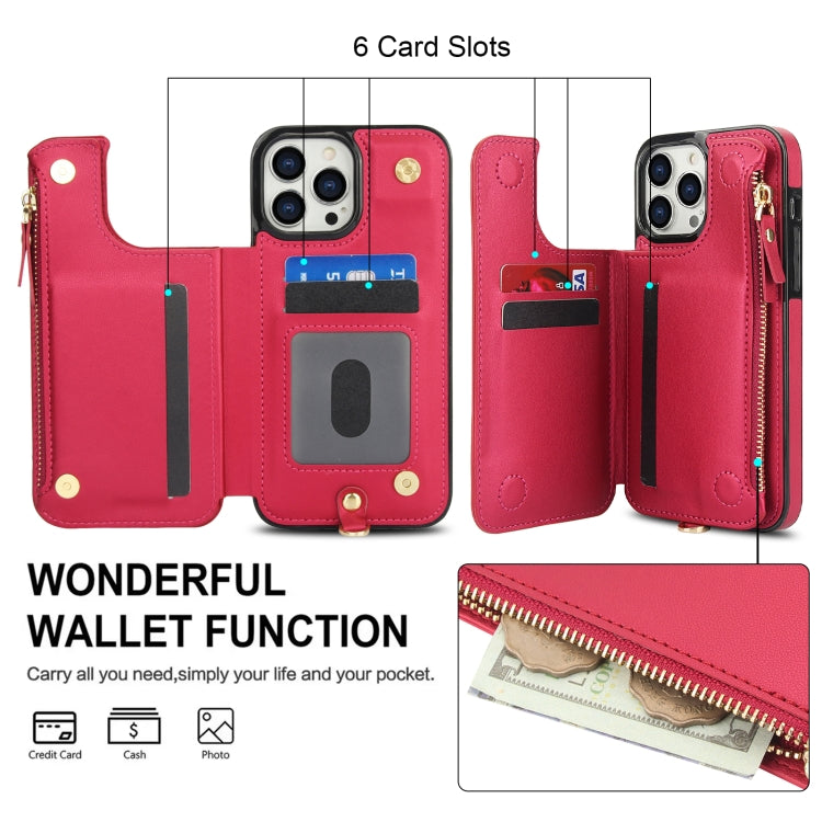 For iPhone 13 Pro Max Double Flap Zipper RFID Leather Phone Case with Short Lanyard(Red) - iPhone 13 Pro Max Cases by buy2fix | Online Shopping UK | buy2fix