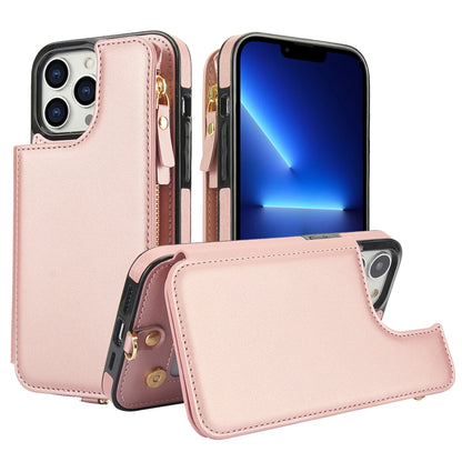 For iPhone 13 Pro Max Double Flap Zipper RFID Leather Phone Case with Short Lanyard(Rose Gold) - iPhone 13 Pro Max Cases by buy2fix | Online Shopping UK | buy2fix