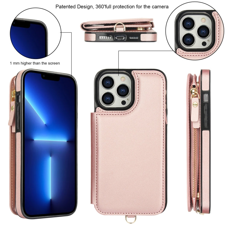 For iPhone 13 Pro Max Double Flap Zipper RFID Leather Phone Case with Short Lanyard(Rose Gold) - iPhone 13 Pro Max Cases by buy2fix | Online Shopping UK | buy2fix