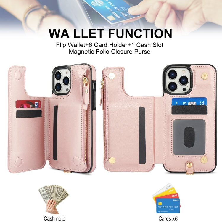 For iPhone 13 Pro Max Double Flap Zipper RFID Leather Phone Case with Short Lanyard(Rose Gold) - iPhone 13 Pro Max Cases by buy2fix | Online Shopping UK | buy2fix