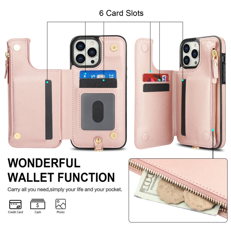 For iPhone 13 Pro Max Double Flap Zipper RFID Leather Phone Case with Short Lanyard(Rose Gold) - iPhone 13 Pro Max Cases by buy2fix | Online Shopping UK | buy2fix