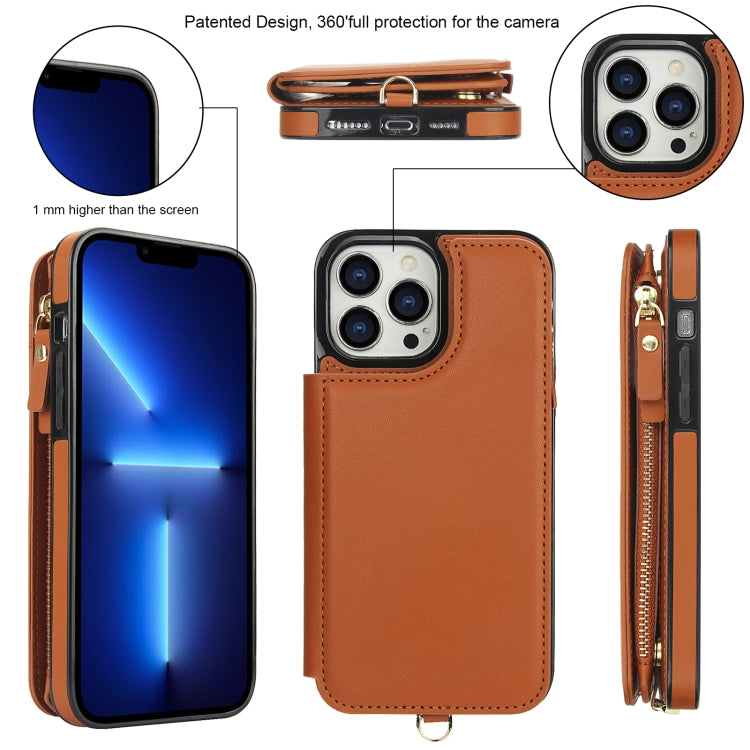For iPhone 13 Pro Max Double Flap Zipper RFID Leather Phone Case with Short Lanyard(Brown) - iPhone 13 Pro Max Cases by buy2fix | Online Shopping UK | buy2fix