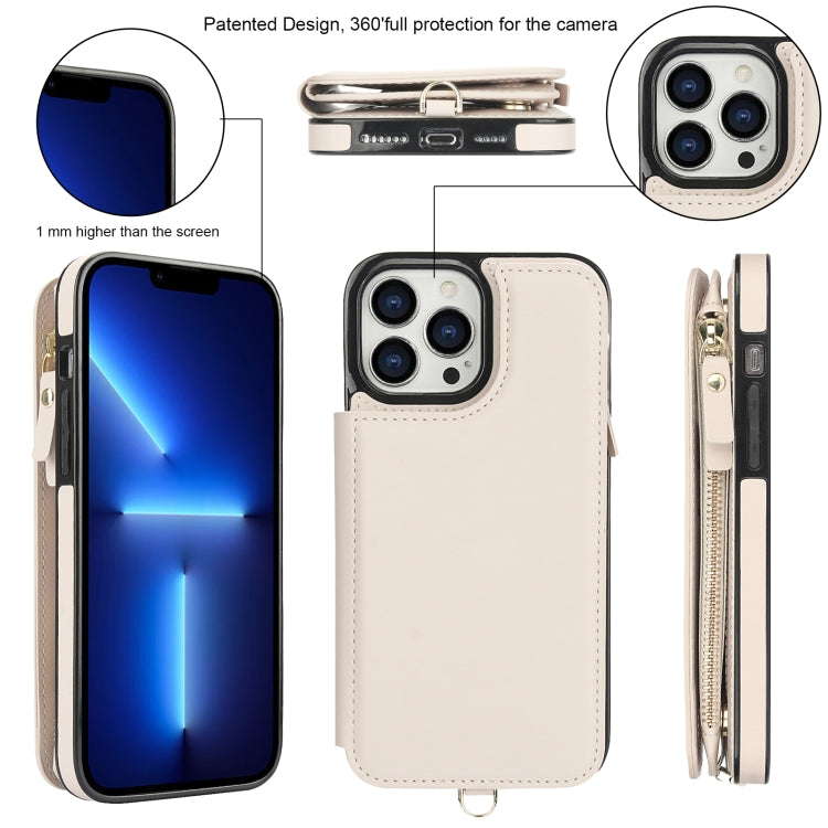 For iPhone 13 Pro Double Flap Zipper RFID Leather Phone Case with Short Lanyard(White) - iPhone 13 Pro Cases by buy2fix | Online Shopping UK | buy2fix