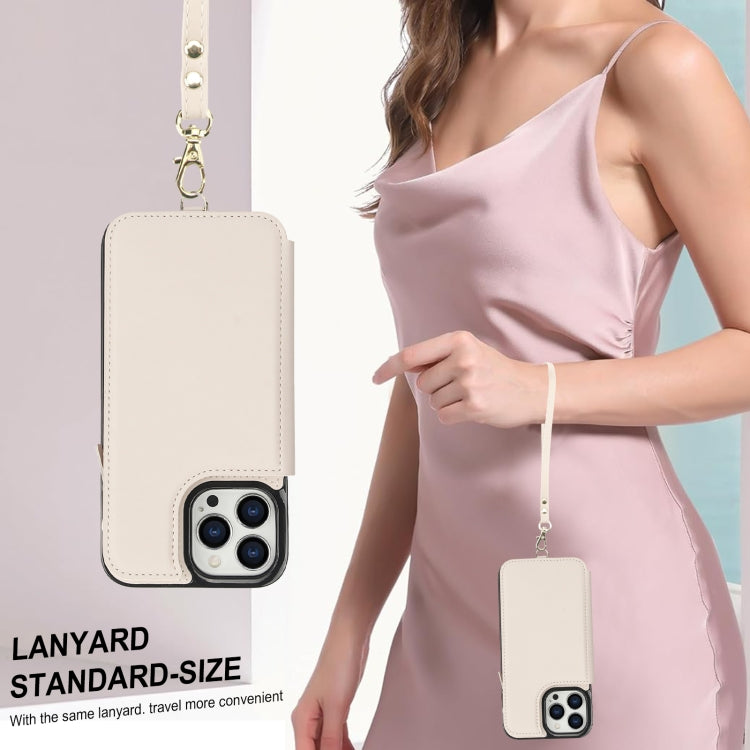 For iPhone 13 Pro Double Flap Zipper RFID Leather Phone Case with Short Lanyard(White) - iPhone 13 Pro Cases by buy2fix | Online Shopping UK | buy2fix