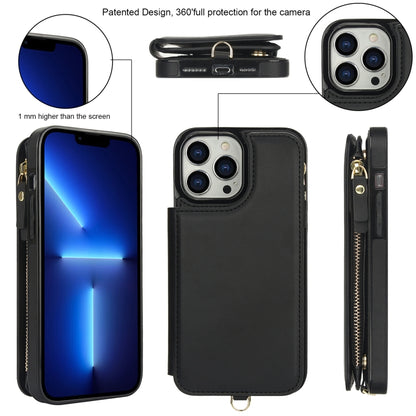 For iPhone 13 Pro Double Flap Zipper RFID Leather Phone Case with Short Lanyard(Black) - iPhone 13 Pro Cases by buy2fix | Online Shopping UK | buy2fix