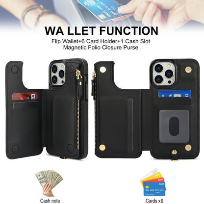 For iPhone 13 Pro Double Flap Zipper RFID Leather Phone Case with Short Lanyard(Black) - iPhone 13 Pro Cases by buy2fix | Online Shopping UK | buy2fix