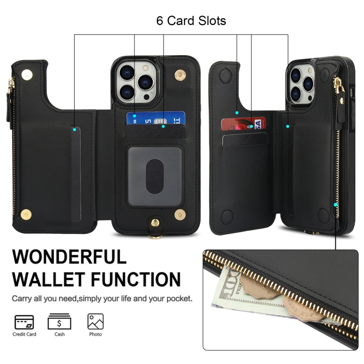 For iPhone 13 Pro Double Flap Zipper RFID Leather Phone Case with Short Lanyard(Black) - iPhone 13 Pro Cases by buy2fix | Online Shopping UK | buy2fix