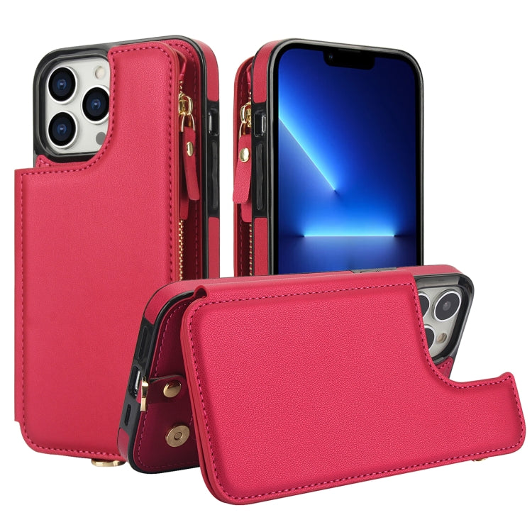 For iPhone 13 Pro Double Flap Zipper RFID Leather Phone Case with Short Lanyard(Red) - iPhone 13 Pro Cases by buy2fix | Online Shopping UK | buy2fix