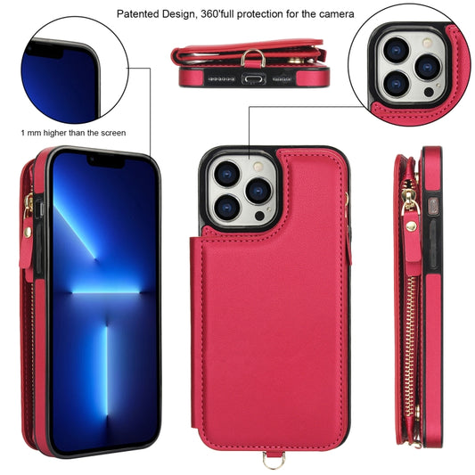 For iPhone 13 Pro Double Flap Zipper RFID Leather Phone Case with Short Lanyard(Red) - iPhone 13 Pro Cases by buy2fix | Online Shopping UK | buy2fix