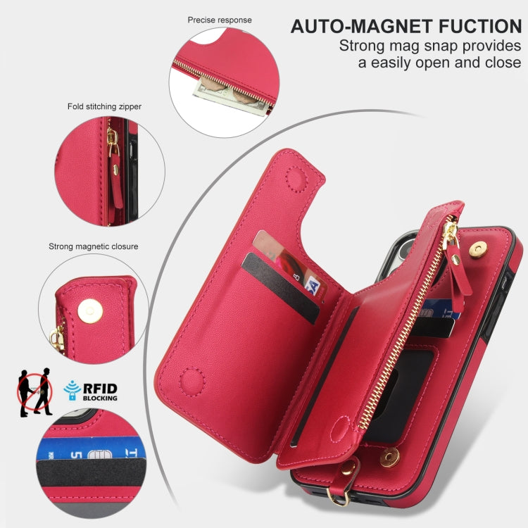 For iPhone 13 Pro Double Flap Zipper RFID Leather Phone Case with Short Lanyard(Red) - iPhone 13 Pro Cases by buy2fix | Online Shopping UK | buy2fix