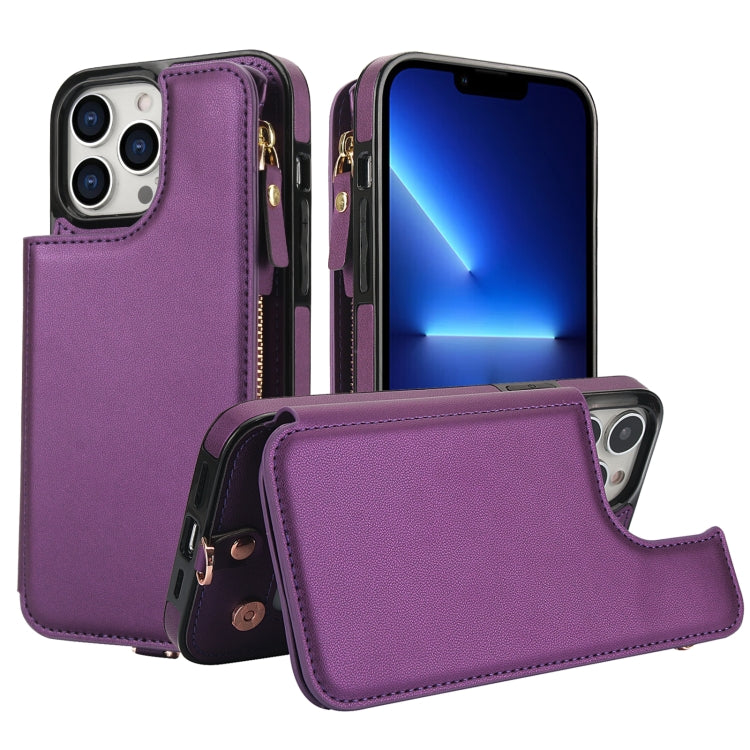 For iPhone 13 Pro Double Flap Zipper RFID Leather Phone Case with Short Lanyard(Dark Purple) - iPhone 13 Pro Cases by buy2fix | Online Shopping UK | buy2fix