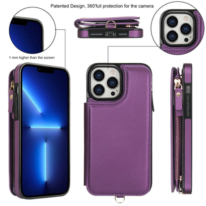For iPhone 13 Pro Double Flap Zipper RFID Leather Phone Case with Short Lanyard(Dark Purple) - iPhone 13 Pro Cases by buy2fix | Online Shopping UK | buy2fix