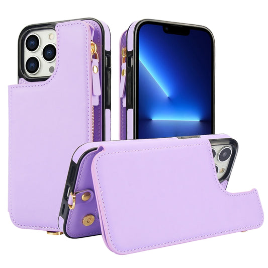 For iPhone 13 Pro Double Flap Zipper RFID Leather Phone Case with Short Lanyard(Light Purple) - iPhone 13 Pro Cases by buy2fix | Online Shopping UK | buy2fix