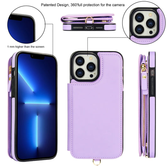 For iPhone 13 Pro Double Flap Zipper RFID Leather Phone Case with Short Lanyard(Light Purple) - iPhone 13 Pro Cases by buy2fix | Online Shopping UK | buy2fix