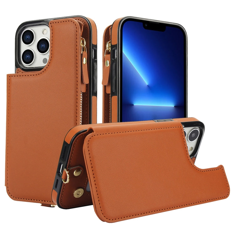 For iPhone 13 Pro Double Flap Zipper RFID Leather Phone Case with Short Lanyard(Brown) - iPhone 13 Pro Cases by buy2fix | Online Shopping UK | buy2fix
