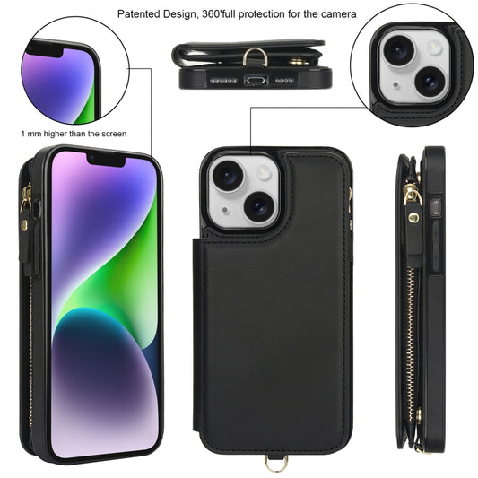 For iPhone 13 Double Flap Zipper RFID Leather Phone Case with Short Lanyard(Black) - iPhone 13 Cases by buy2fix | Online Shopping UK | buy2fix