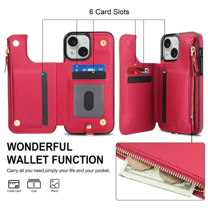 For iPhone 13 Double Flap Zipper RFID Leather Phone Case with Short Lanyard(Red) - iPhone 13 Cases by buy2fix | Online Shopping UK | buy2fix