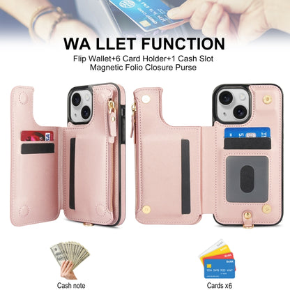 For iPhone 13 Double Flap Zipper RFID Leather Phone Case with Short Lanyard(Rose Gold) - iPhone 13 Cases by buy2fix | Online Shopping UK | buy2fix