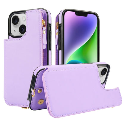 For iPhone 13 Double Flap Zipper RFID Leather Phone Case with Short Lanyard(Light Purple) - iPhone 13 Cases by buy2fix | Online Shopping UK | buy2fix