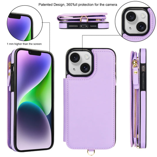 For iPhone 13 Double Flap Zipper RFID Leather Phone Case with Short Lanyard(Light Purple) - iPhone 13 Cases by buy2fix | Online Shopping UK | buy2fix