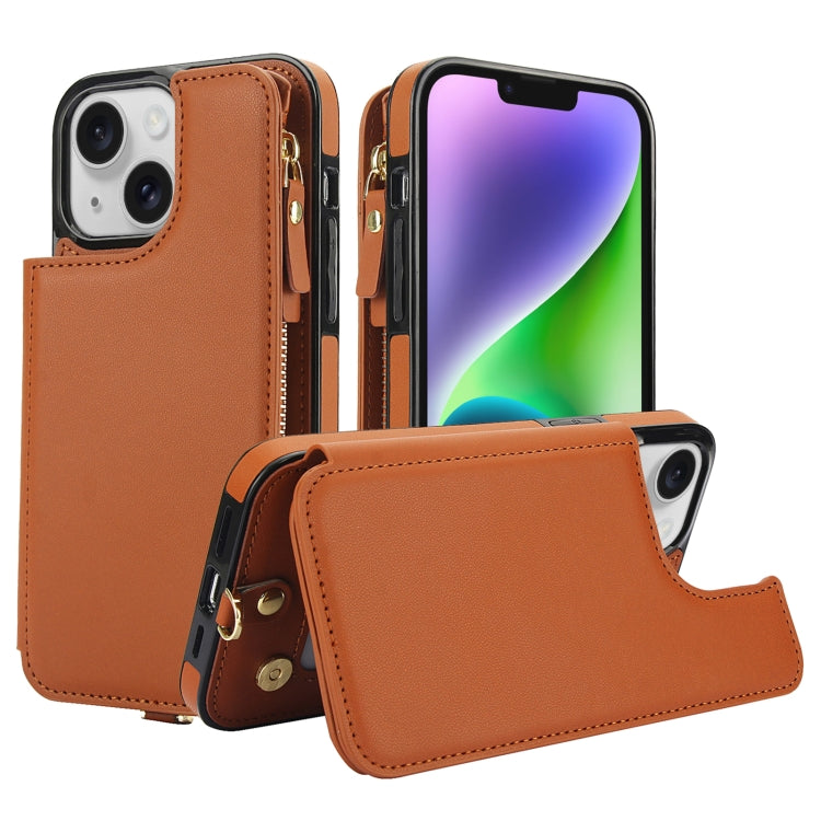 For iPhone 13 Double Flap Zipper RFID Leather Phone Case with Short Lanyard(Brown) - iPhone 13 Cases by buy2fix | Online Shopping UK | buy2fix