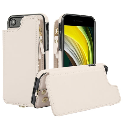 For iPhone SE 2022 / 2020 / 8 Double Flap Zipper RFID Leather Phone Case with Short Lanyard(White) - iPhone SE 2022 / 2020 / 8 / 7 Cases by buy2fix | Online Shopping UK | buy2fix