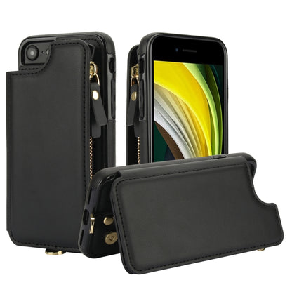 For iPhone SE 2022 / 2020 / 8 Double Flap Zipper RFID Leather Phone Case with Short Lanyard(Black) - iPhone SE 2022 / 2020 / 8 / 7 Cases by buy2fix | Online Shopping UK | buy2fix