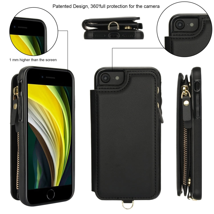 For iPhone SE 2022 / 2020 / 8 Double Flap Zipper RFID Leather Phone Case with Short Lanyard(Black) - iPhone SE 2022 / 2020 / 8 / 7 Cases by buy2fix | Online Shopping UK | buy2fix