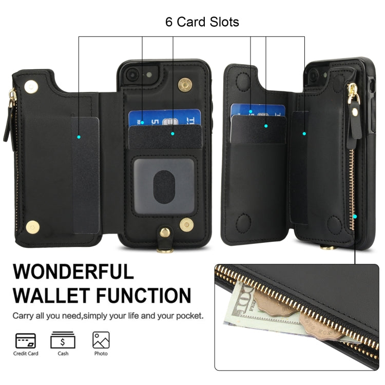 For iPhone SE 2022 / 2020 / 8 Double Flap Zipper RFID Leather Phone Case with Short Lanyard(Black) - iPhone SE 2022 / 2020 / 8 / 7 Cases by buy2fix | Online Shopping UK | buy2fix