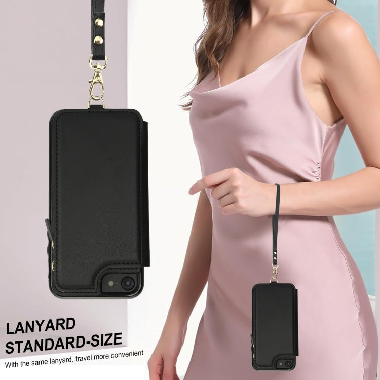 For iPhone SE 2022 / 2020 / 8 Double Flap Zipper RFID Leather Phone Case with Short Lanyard(Black) - iPhone SE 2022 / 2020 / 8 / 7 Cases by buy2fix | Online Shopping UK | buy2fix