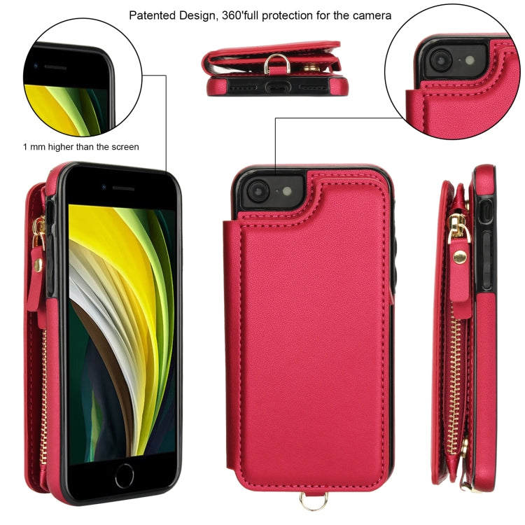 For iPhone SE 2022 / 2020 / 8 Double Flap Zipper RFID Leather Phone Case with Short Lanyard(Red) - iPhone SE 2022 / 2020 / 8 / 7 Cases by buy2fix | Online Shopping UK | buy2fix