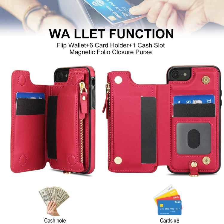 For iPhone SE 2022 / 2020 / 8 Double Flap Zipper RFID Leather Phone Case with Short Lanyard(Red) - iPhone SE 2022 / 2020 / 8 / 7 Cases by buy2fix | Online Shopping UK | buy2fix