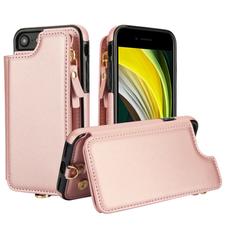 For iPhone SE 2022 / 2020 / 8 Double Flap Zipper RFID Leather Phone Case with Short Lanyard(Rose Gold) - iPhone SE 2022 / 2020 / 8 / 7 Cases by buy2fix | Online Shopping UK | buy2fix