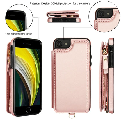 For iPhone SE 2022 / 2020 / 8 Double Flap Zipper RFID Leather Phone Case with Short Lanyard(Rose Gold) - iPhone SE 2022 / 2020 / 8 / 7 Cases by buy2fix | Online Shopping UK | buy2fix