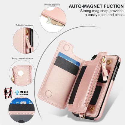 For iPhone SE 2022 / 2020 / 8 Double Flap Zipper RFID Leather Phone Case with Short Lanyard(Rose Gold) - iPhone SE 2022 / 2020 / 8 / 7 Cases by buy2fix | Online Shopping UK | buy2fix