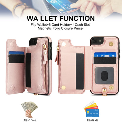 For iPhone SE 2022 / 2020 / 8 Double Flap Zipper RFID Leather Phone Case with Short Lanyard(Rose Gold) - iPhone SE 2022 / 2020 / 8 / 7 Cases by buy2fix | Online Shopping UK | buy2fix