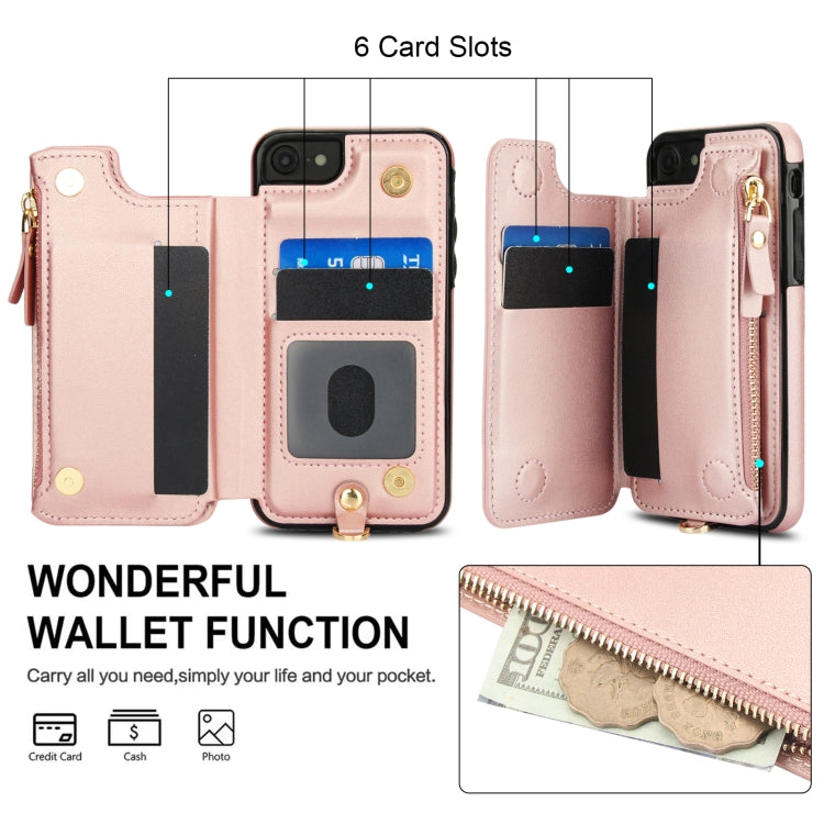 For iPhone SE 2022 / 2020 / 8 Double Flap Zipper RFID Leather Phone Case with Short Lanyard(Rose Gold) - iPhone SE 2022 / 2020 / 8 / 7 Cases by buy2fix | Online Shopping UK | buy2fix