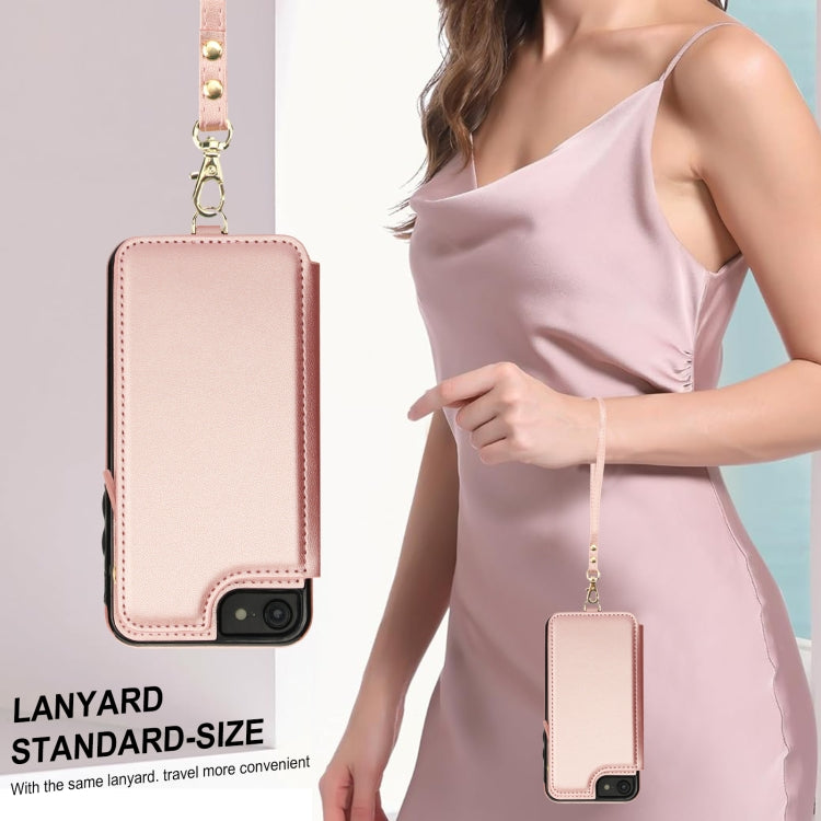 For iPhone SE 2022 / 2020 / 8 Double Flap Zipper RFID Leather Phone Case with Short Lanyard(Rose Gold) - iPhone SE 2022 / 2020 / 8 / 7 Cases by buy2fix | Online Shopping UK | buy2fix