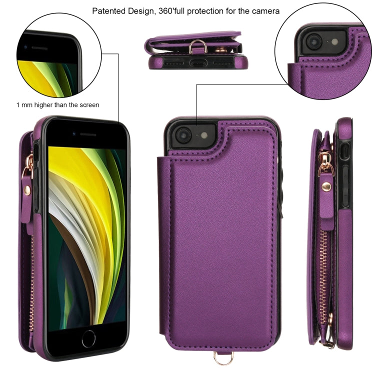 For iPhone SE 2022 / 2020 / 8 Double Flap Zipper RFID Leather Phone Case with Short Lanyard(Dark Purple) - iPhone SE 2022 / 2020 / 8 / 7 Cases by buy2fix | Online Shopping UK | buy2fix