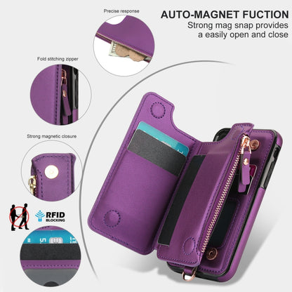 For iPhone SE 2022 / 2020 / 8 Double Flap Zipper RFID Leather Phone Case with Short Lanyard(Dark Purple) - iPhone SE 2022 / 2020 / 8 / 7 Cases by buy2fix | Online Shopping UK | buy2fix