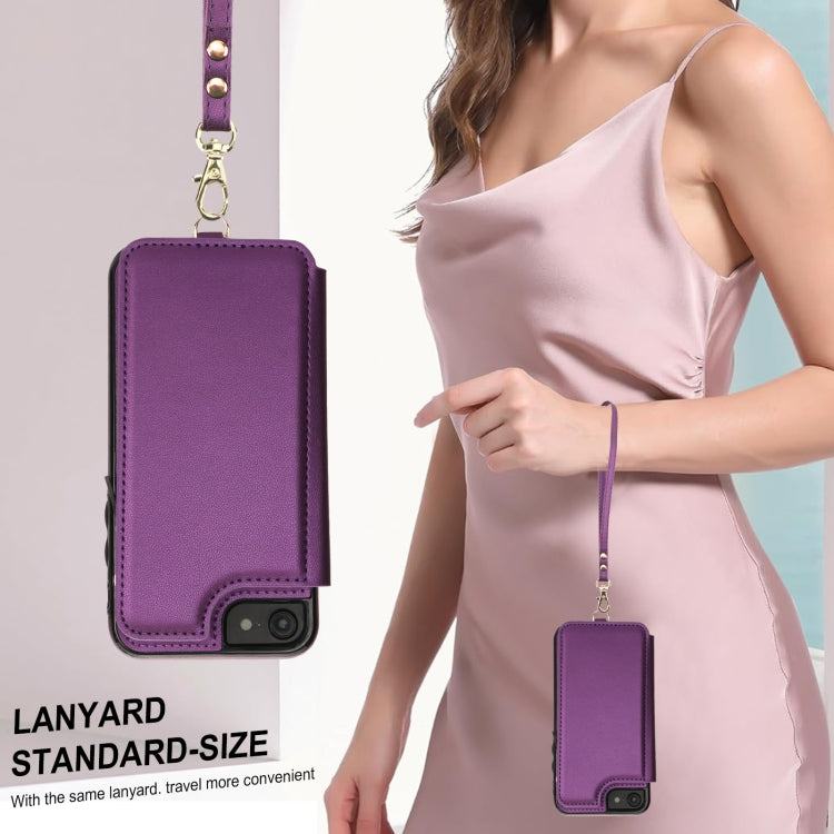 For iPhone SE 2022 / 2020 / 8 Double Flap Zipper RFID Leather Phone Case with Short Lanyard(Dark Purple) - iPhone SE 2022 / 2020 / 8 / 7 Cases by buy2fix | Online Shopping UK | buy2fix