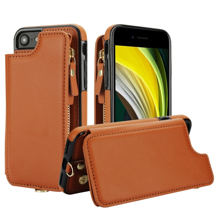 For iPhone SE 2022 / 2020 / 8 Double Flap Zipper RFID Leather Phone Case with Short Lanyard(Brown) - iPhone SE 2022 / 2020 / 8 / 7 Cases by buy2fix | Online Shopping UK | buy2fix
