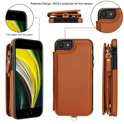 For iPhone SE 2022 / 2020 / 8 Double Flap Zipper RFID Leather Phone Case with Short Lanyard(Brown) - iPhone SE 2022 / 2020 / 8 / 7 Cases by buy2fix | Online Shopping UK | buy2fix