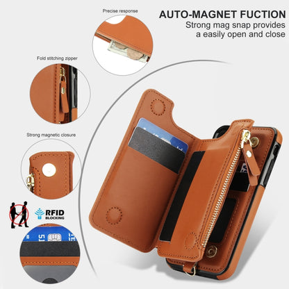 For iPhone SE 2022 / 2020 / 8 Double Flap Zipper RFID Leather Phone Case with Short Lanyard(Brown) - iPhone SE 2022 / 2020 / 8 / 7 Cases by buy2fix | Online Shopping UK | buy2fix